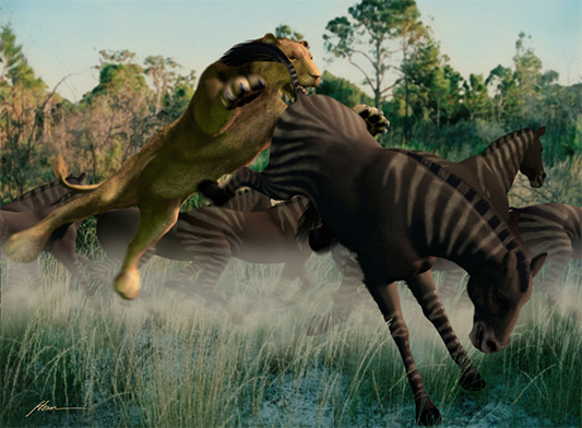 American Lion pursuing the Ice Age Horse - Illustration from Ice Age Florida